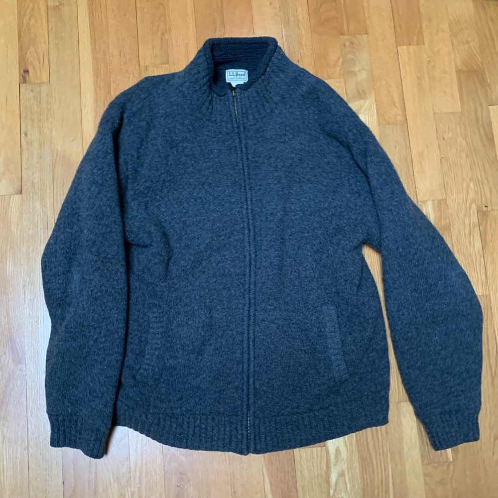 LL Bean Jacket Mens L Gray Lambswool Sherpa Lined Full Zip Sweater Knit